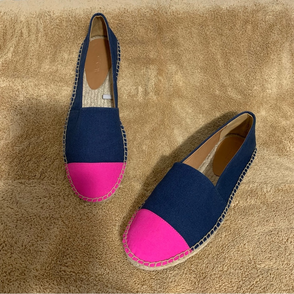 Women’s 9 1/2 J. CREW Navy Blue / Pink Cap Toe Canvas Espadrille Slip On Shoes